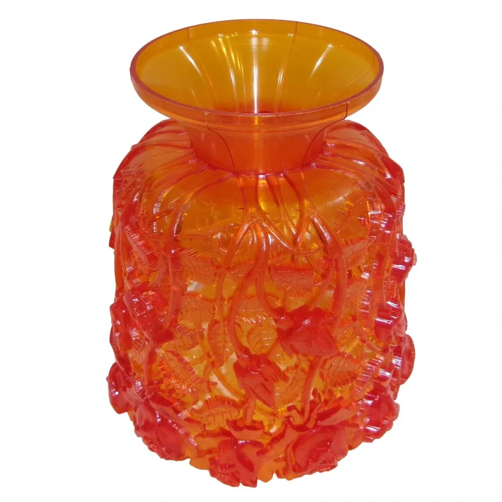 60s Orange Translucent Resin Molded Rose Openwork Pedestal Decorative Vase Pot